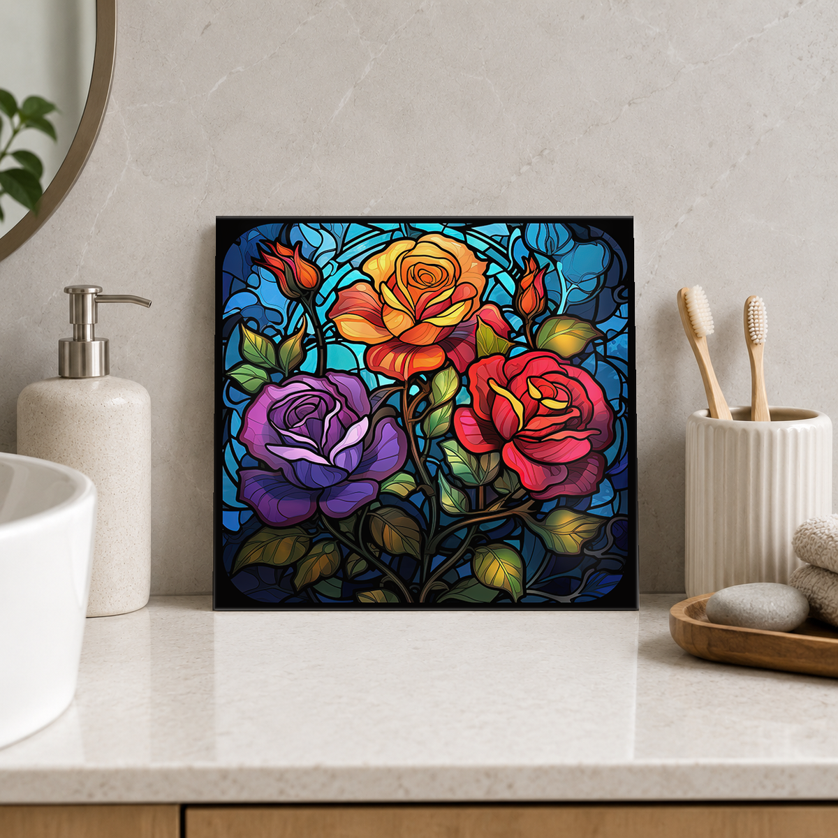 Purple Red and Golden Roses Tile displayed in the bathroom tile mock-up