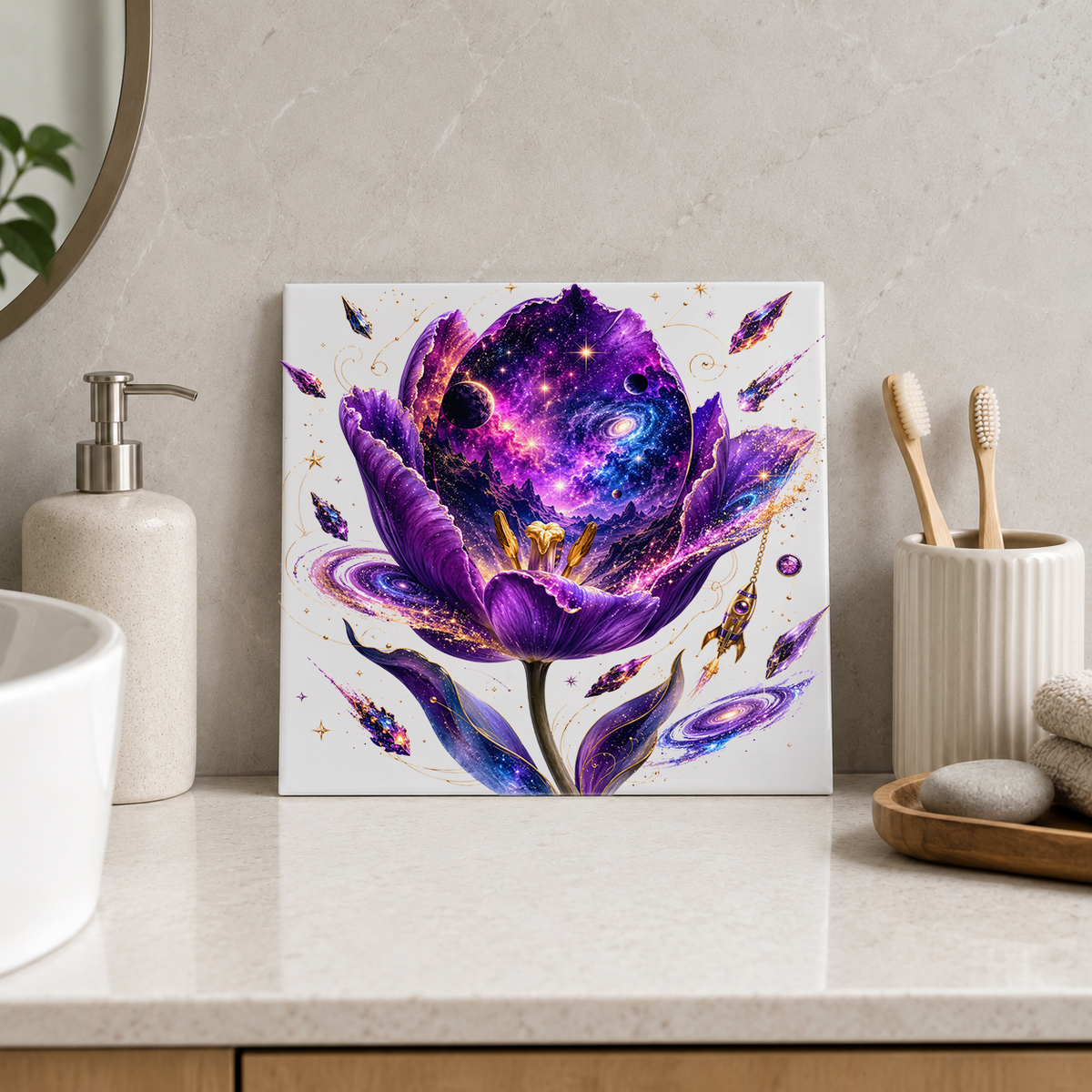 Purple Tulip Galaxy Tile displayed in the bathroom tile mock-up