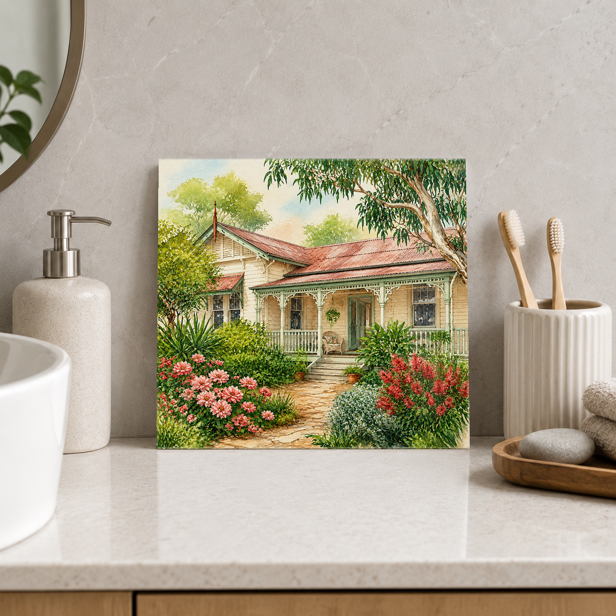 Queenslander Verandah ceramic decorative tile in Pop Color, shown in a room mockup