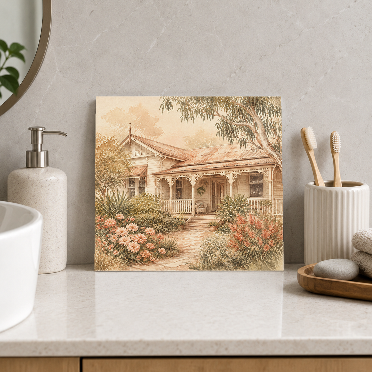 Queenslander Verandah ceramic decorative tile in Warm Country, shown in a room mockup