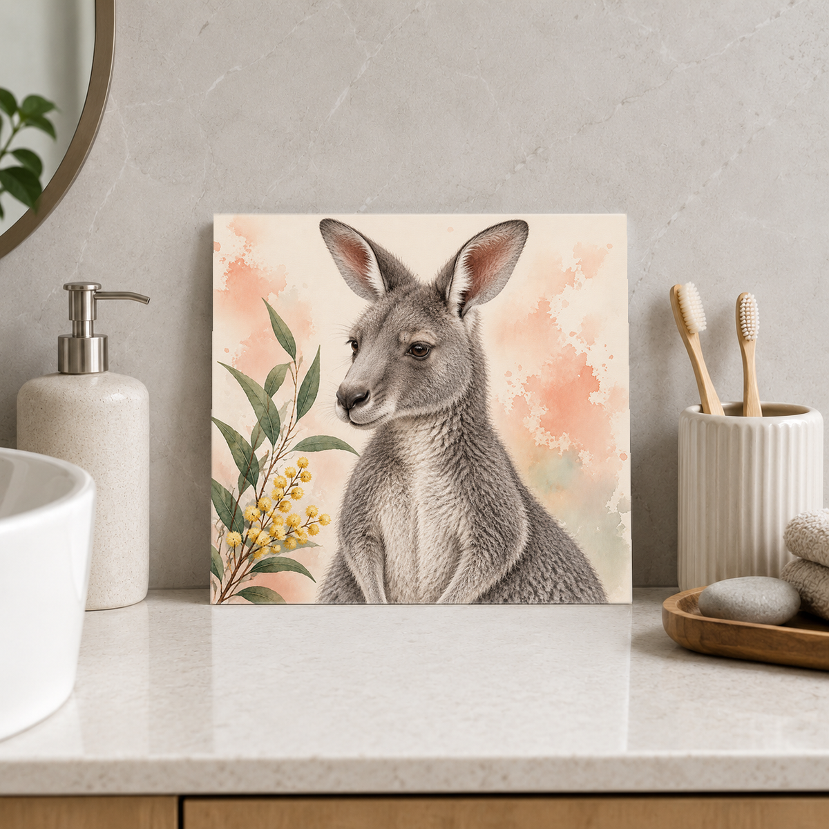 Quiet Kangaroo ceramic decorative tile in Pop Color, shown in a room mockup