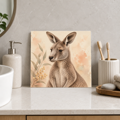 Quiet Kangaroo ceramic decorative tile in Warm Country, shown in a room mockup