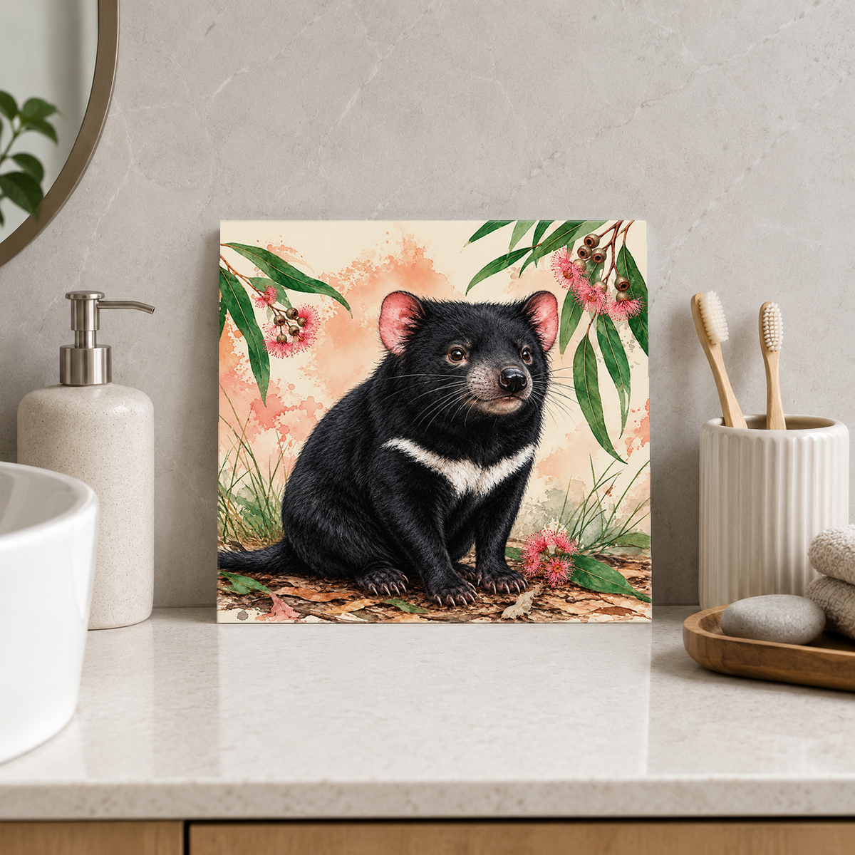 Quiet Little Devil ceramic decorative tile in Pop Color, shown in a room mockup