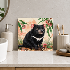 Quiet Little Devil ceramic decorative tile in Pop Color, shown in a room mockup