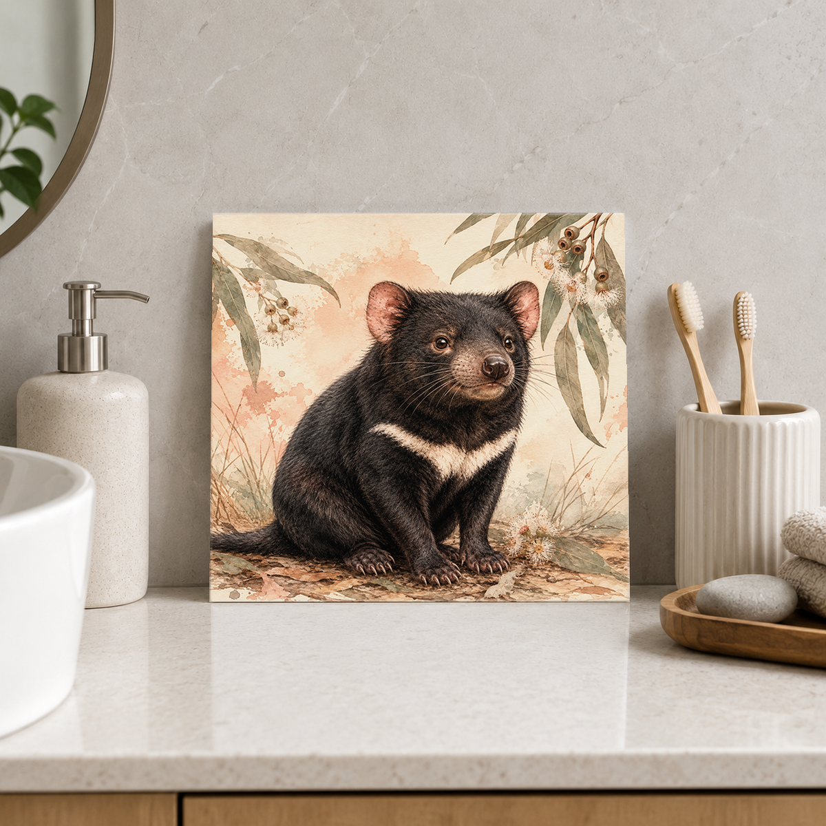 Quiet Little Devil ceramic decorative tile in Warm Country, shown in a room mockup