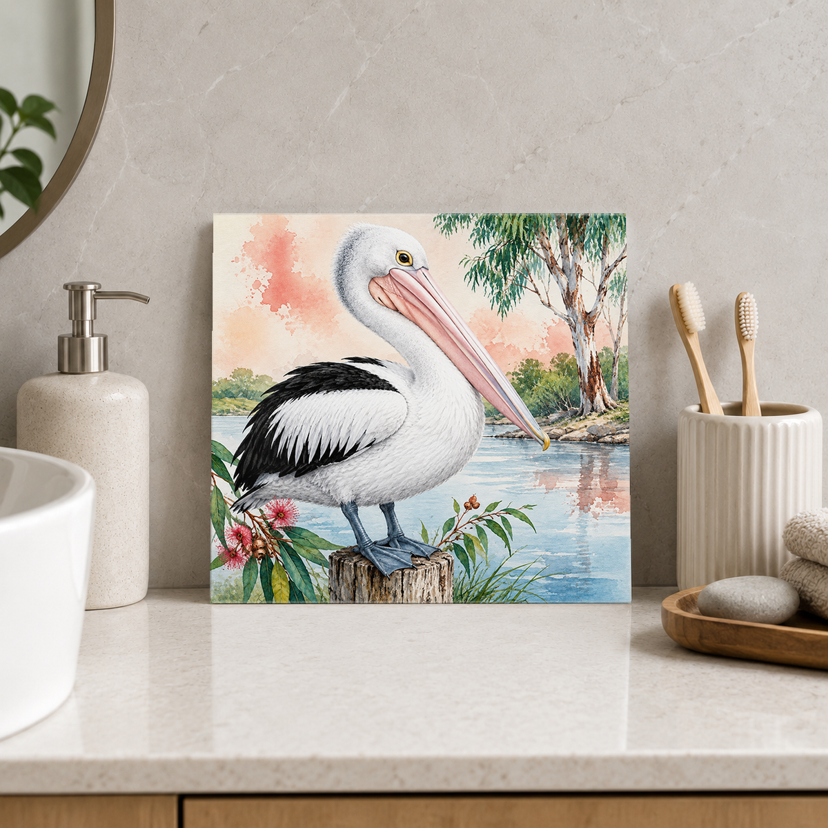 Quiet Water Pelican ceramic decorative tile in Pop Color, shown in a room mockup