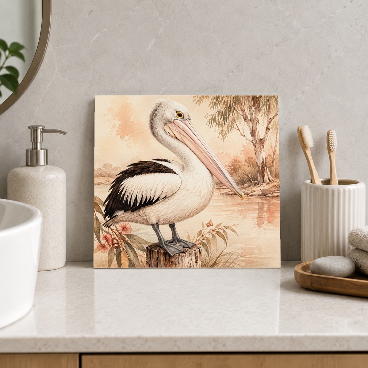 Quiet Water Pelican ceramic decorative tile in Warm Country, shown in a room mockup