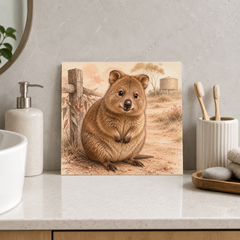 Quokka by the Fence ceramic decorative tile in Warm Country, shown in a room mockup
