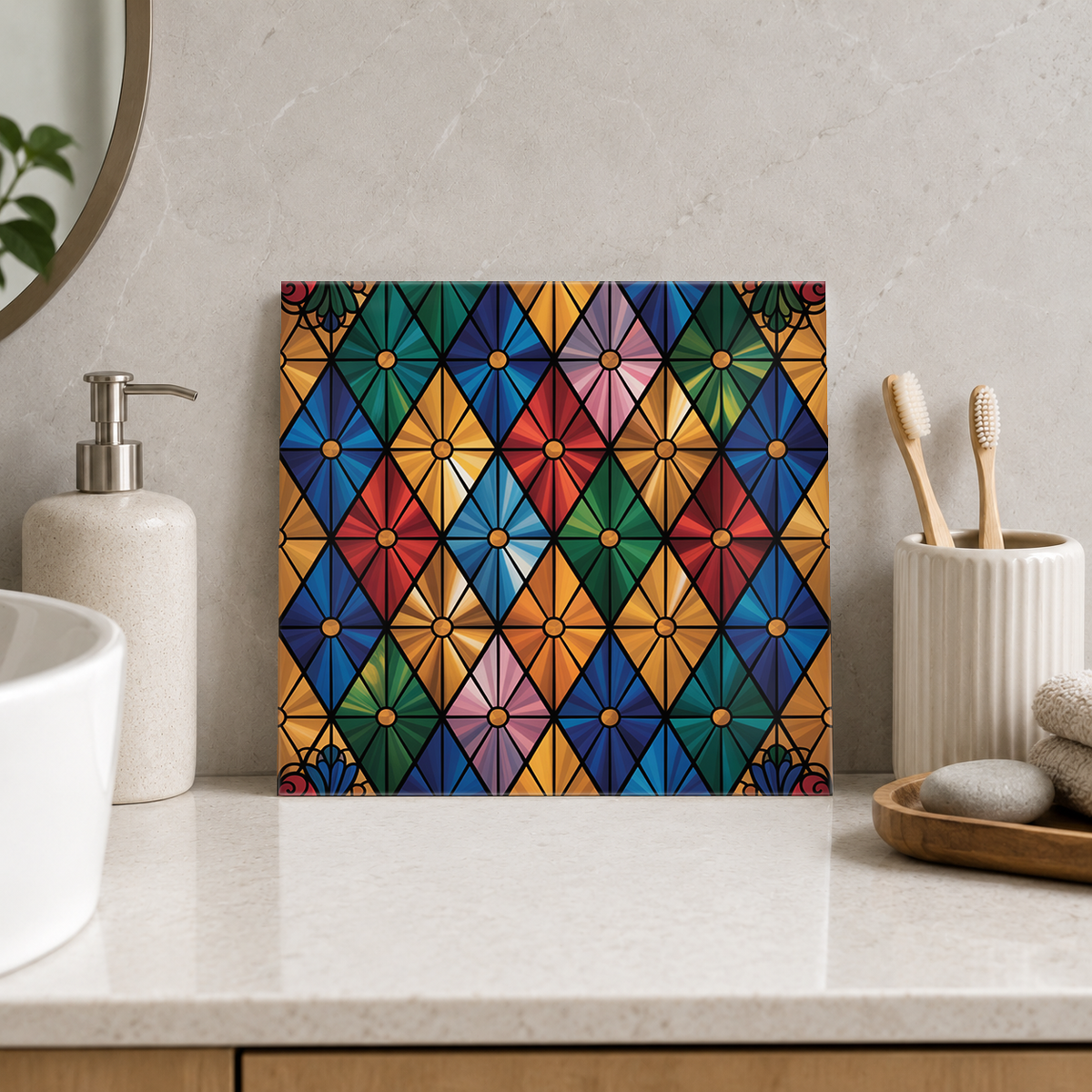 Rainbow Diamond Window Tile displayed in the bathroom tile mock-up