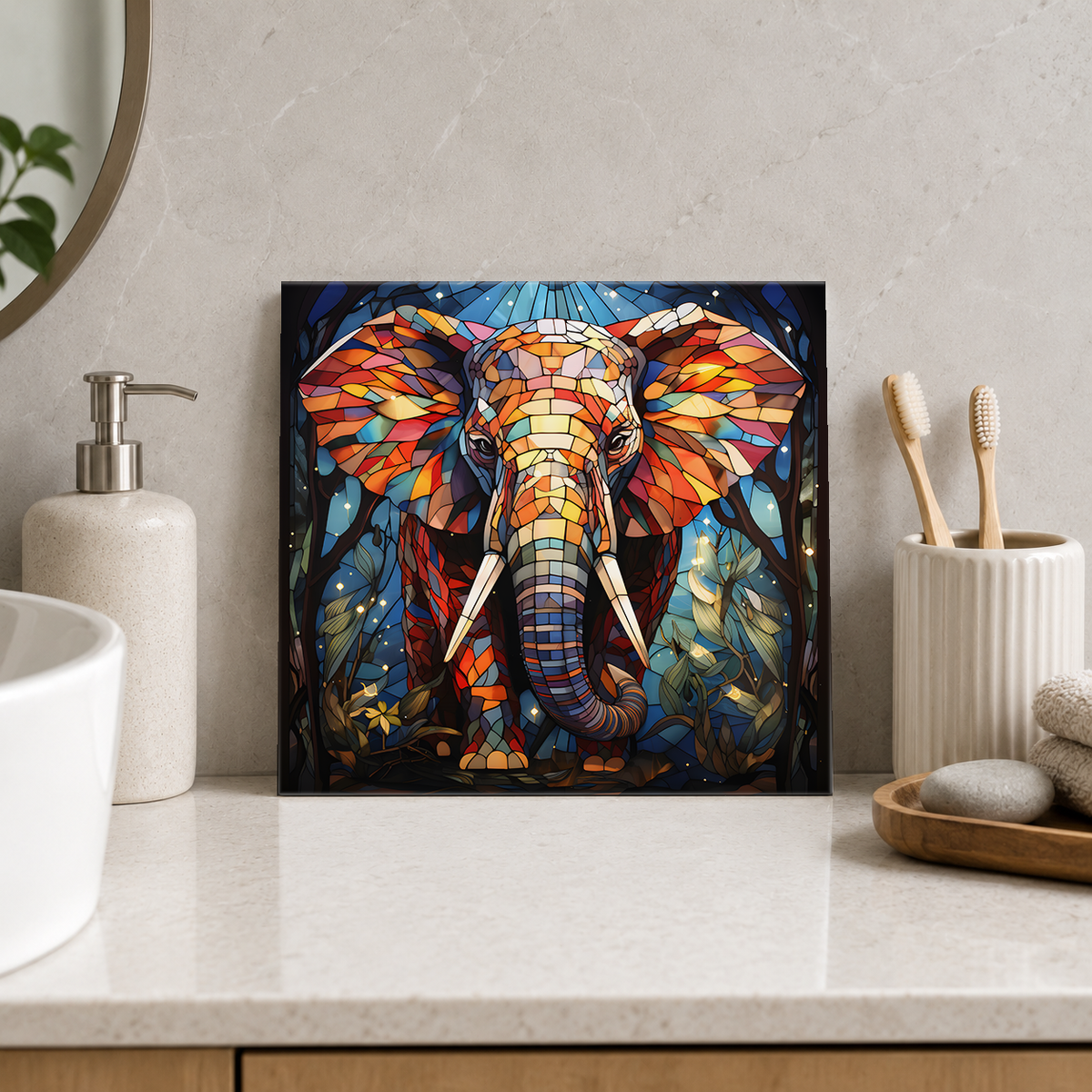Rainbow Elephant Portrait Tile displayed in the bathroom tile mock-up