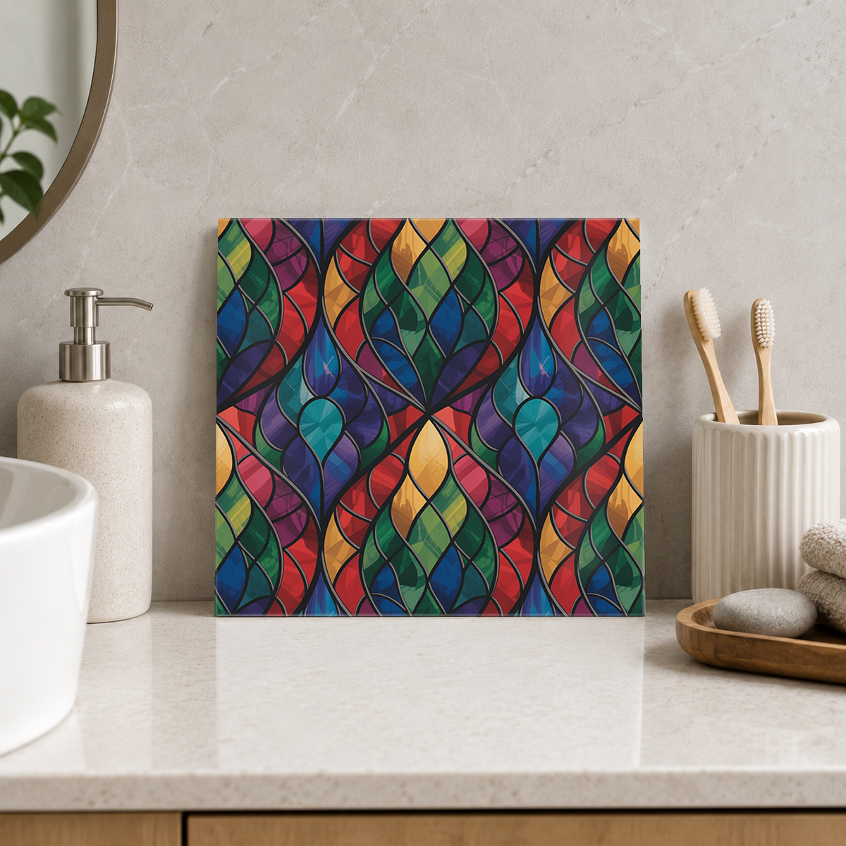 Rainbow Flame Leaf Lattice Tile displayed in the bathroom tile mock-up