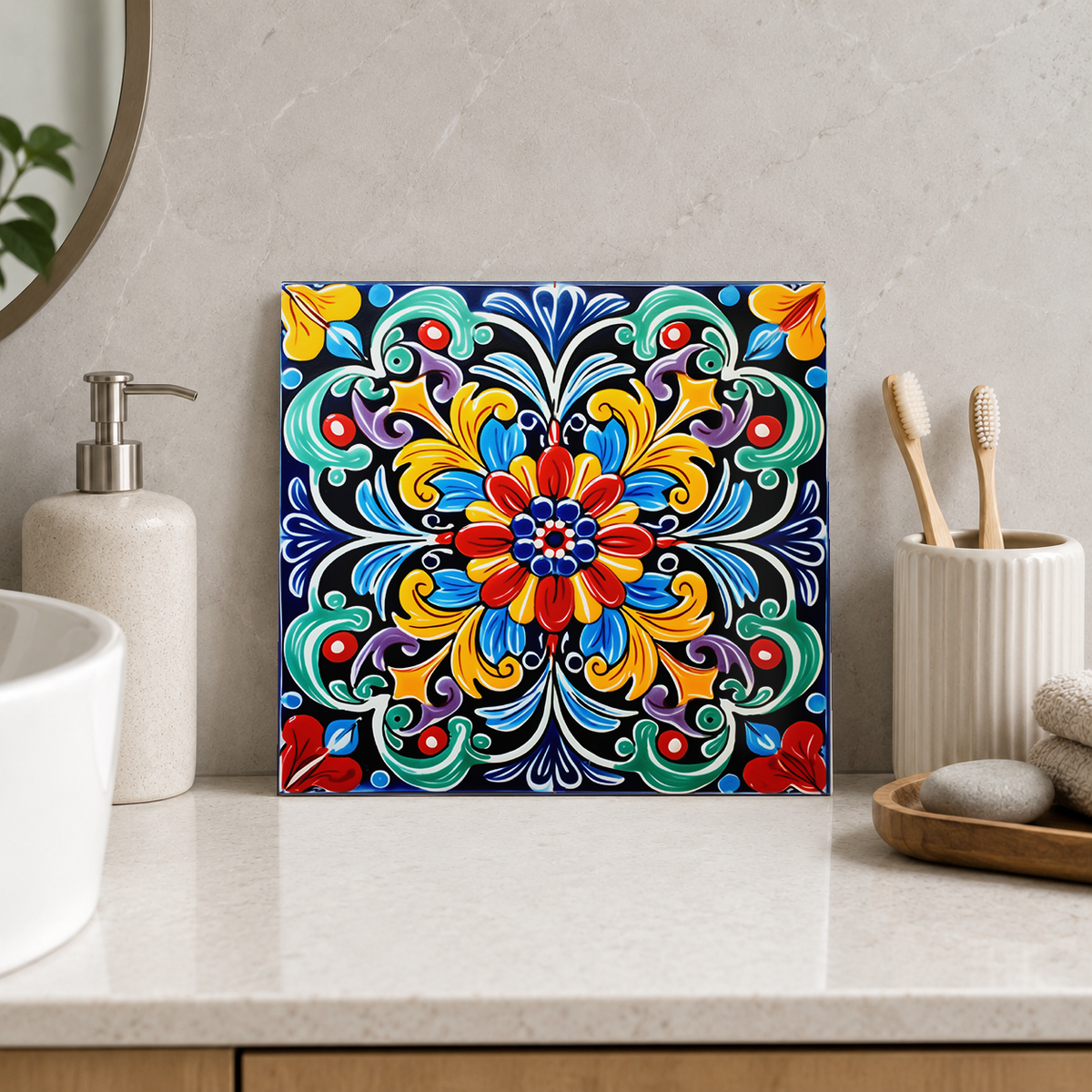 Rainbow Floral Flourish on Navy Tile displayed in the bathroom tile mock-up