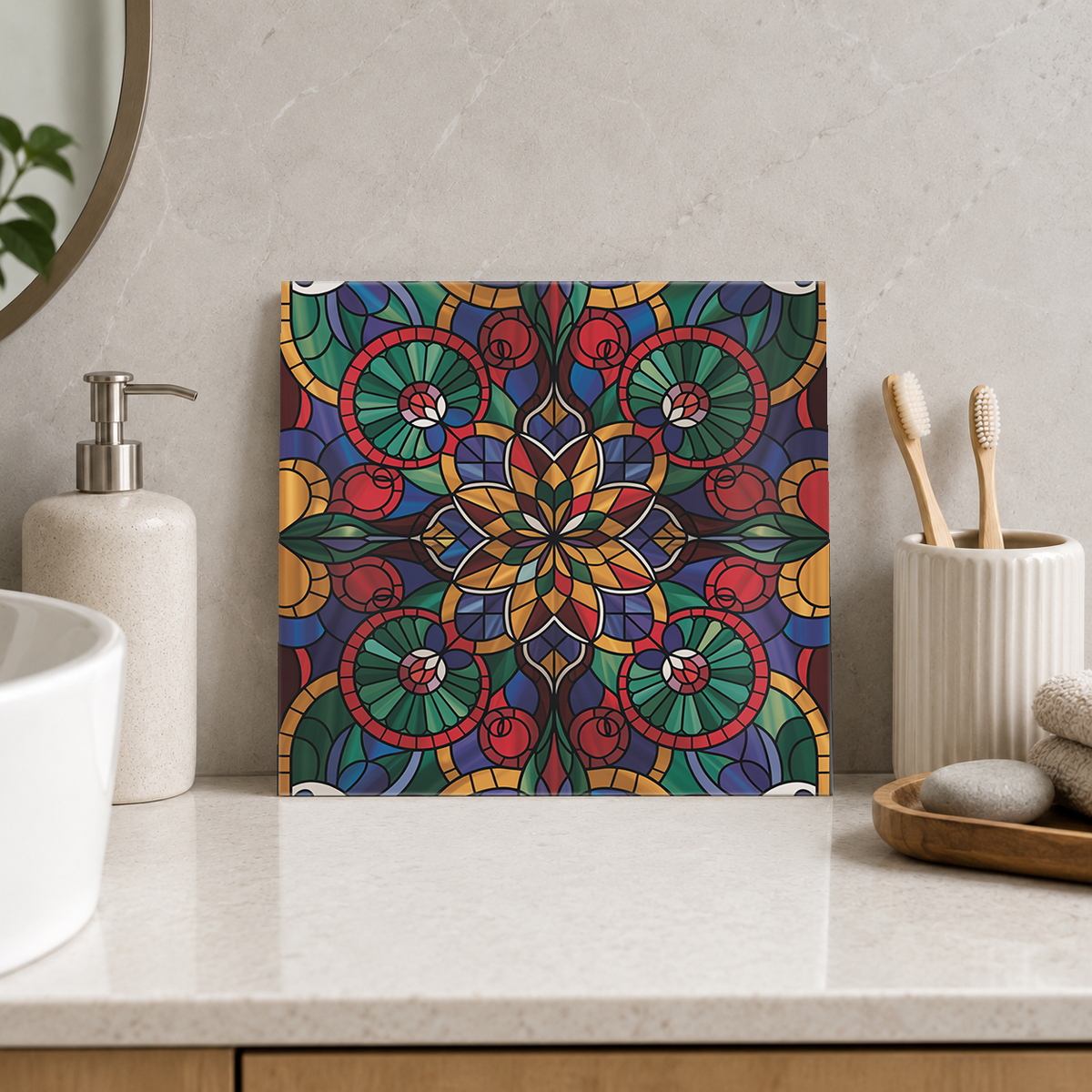 Rainbow Floral Rosette Window Tile displayed in the bathroom tile mock-up