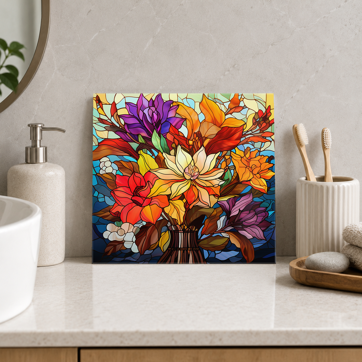 Rainbow Flower Bouquet in Vase Tile displayed in the bathroom tile mock-up