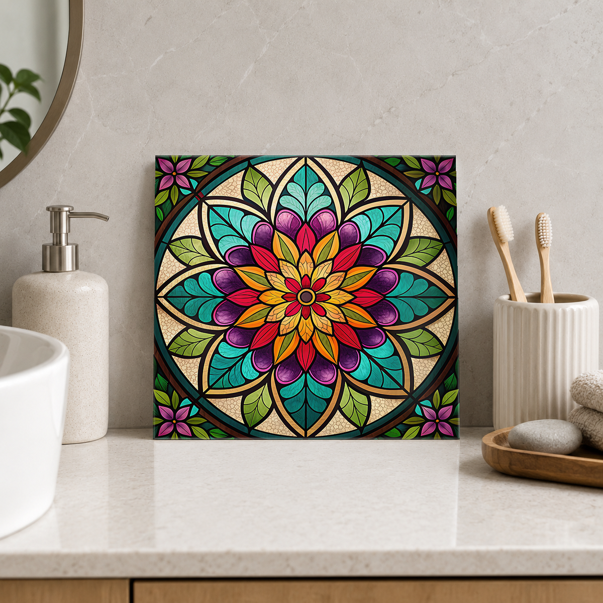 Rainbow Flower in Leaf Medallion Tile displayed in the bathroom tile mock-up