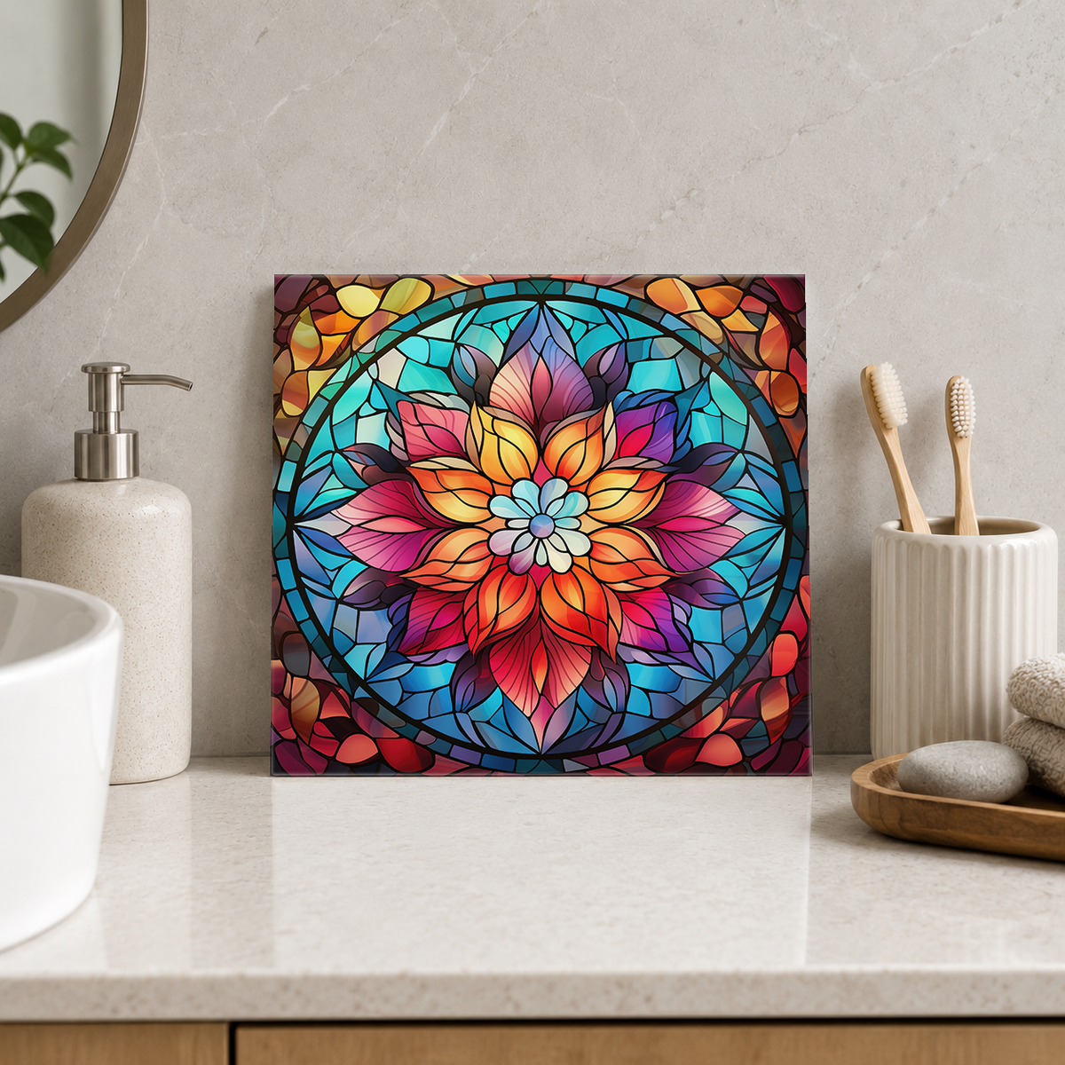 Rainbow Flower in Teal Circle Tile displayed in the bathroom tile mock-up