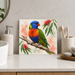 Rainbow Gum Perch ceramic decorative tile in Pop Color, shown in a room mockup