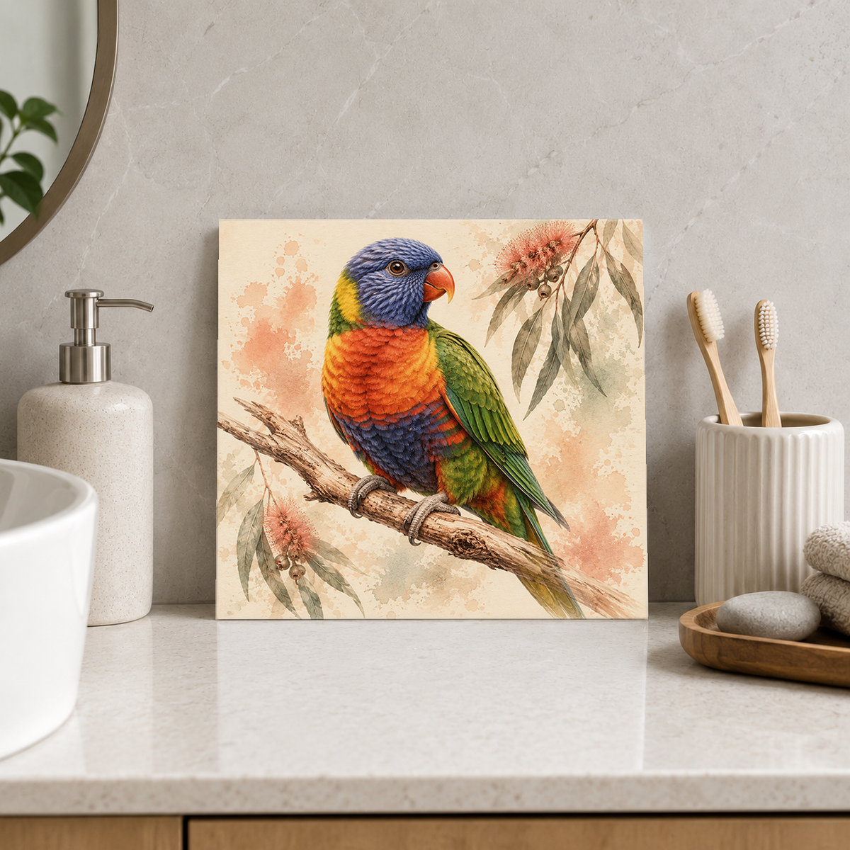 Rainbow Gum Perch ceramic decorative tile in Warm Country, shown in a room mockup