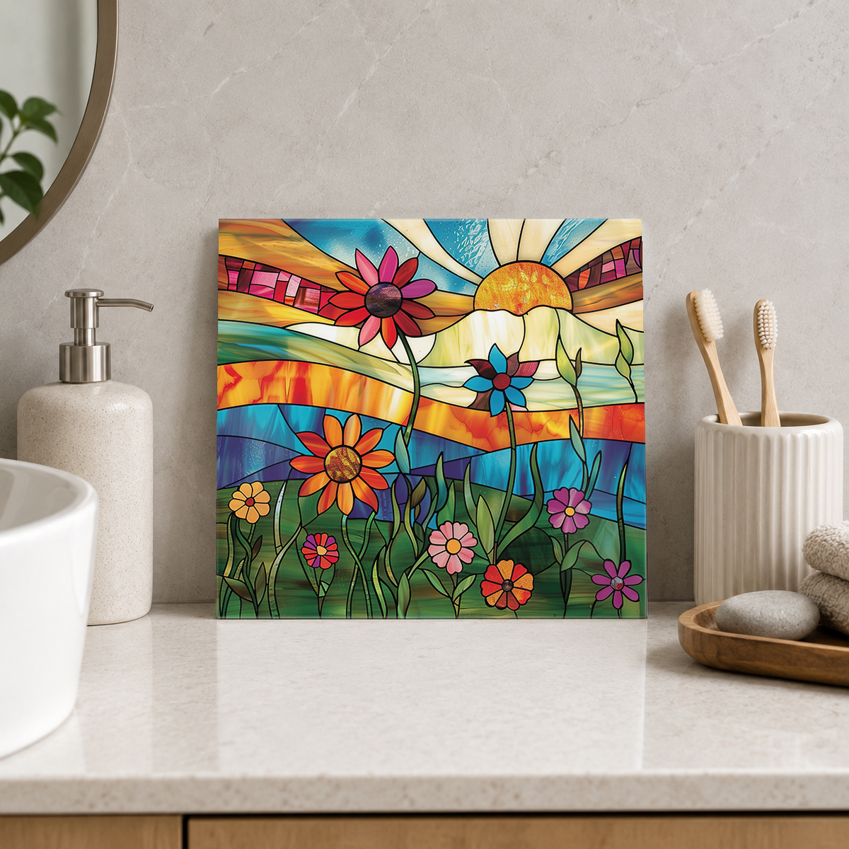 Rainbow Hills and Tall Daisies Tile displayed in the bathroom tile mock-up