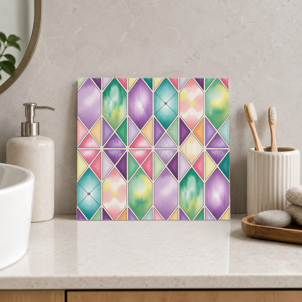 Rainbow Jewelled Diamonds Tile displayed in the bathroom tile mock-up