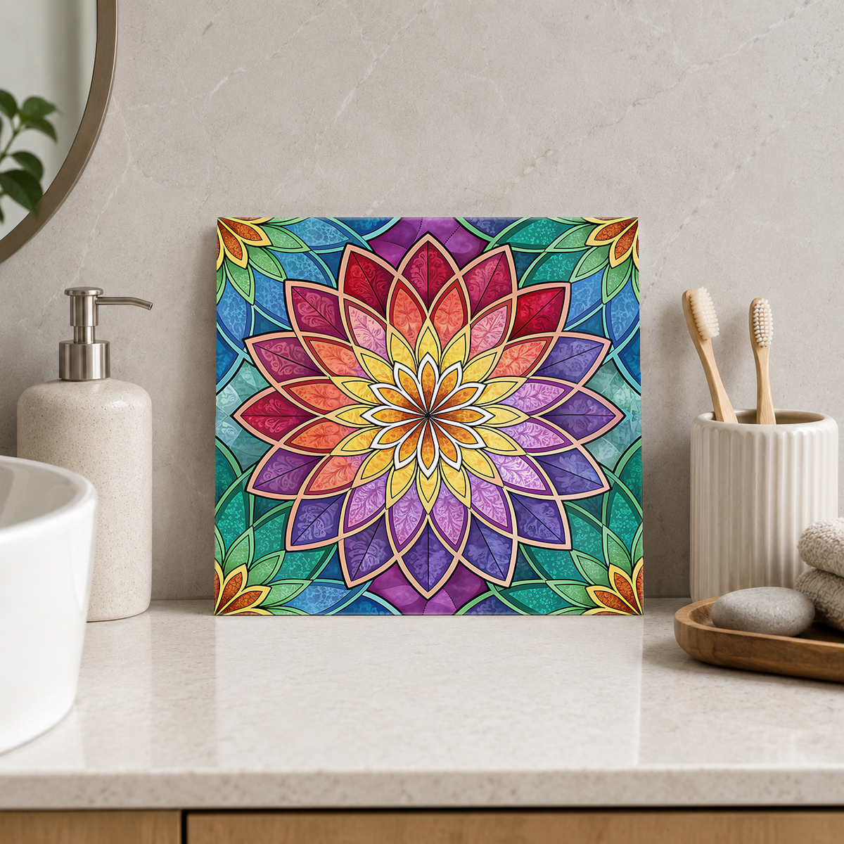Rainbow Layered Flower Tile displayed in the bathroom tile mock-up