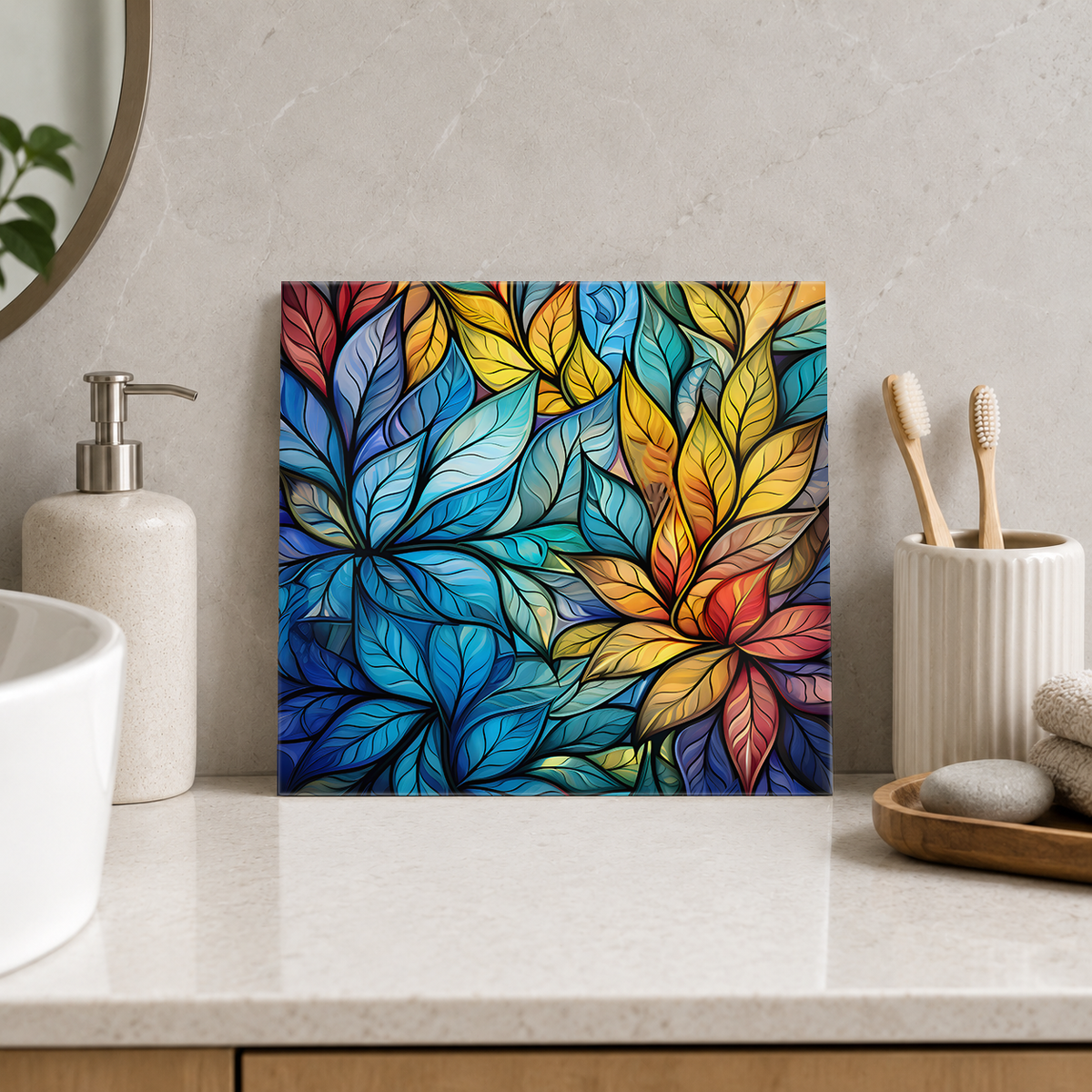 Rainbow Leaf Flowers Tile displayed in the bathroom tile mock-up