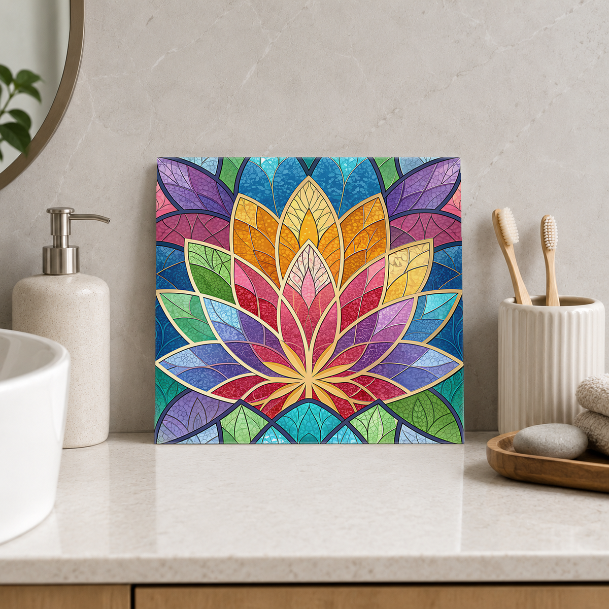 Rainbow Lotus Petals Tile displayed in the bathroom tile mock-up
