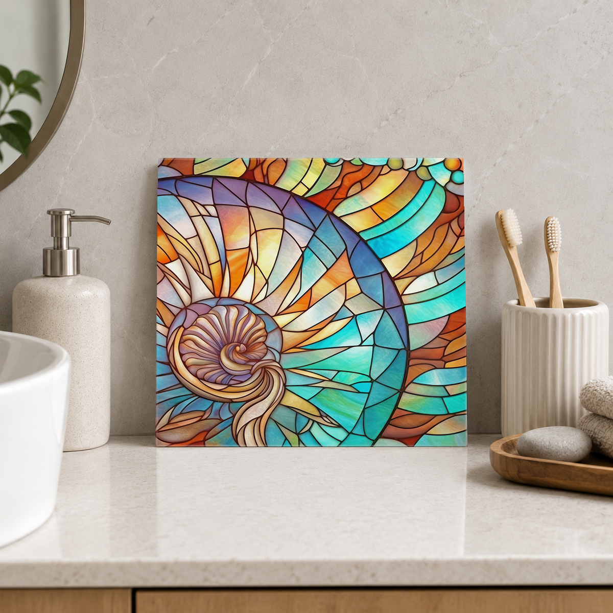 Rainbow Nautilus Spiral Tile displayed in the bathroom tile mock-up