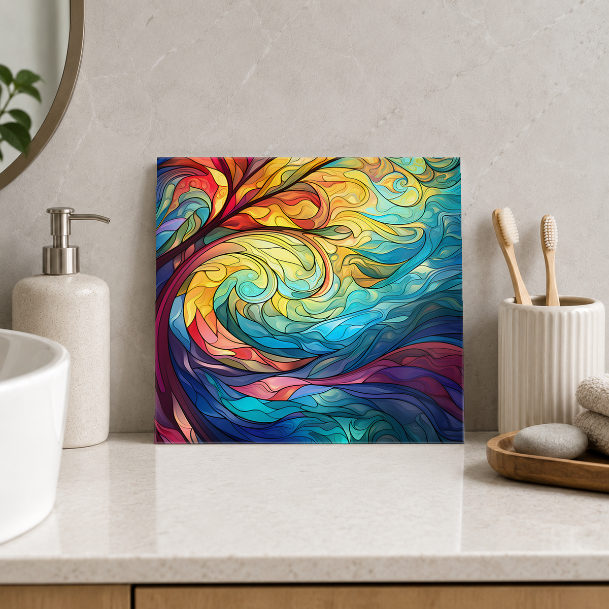 Rainbow Ocean Swirl Tile displayed in the bathroom tile mock-up