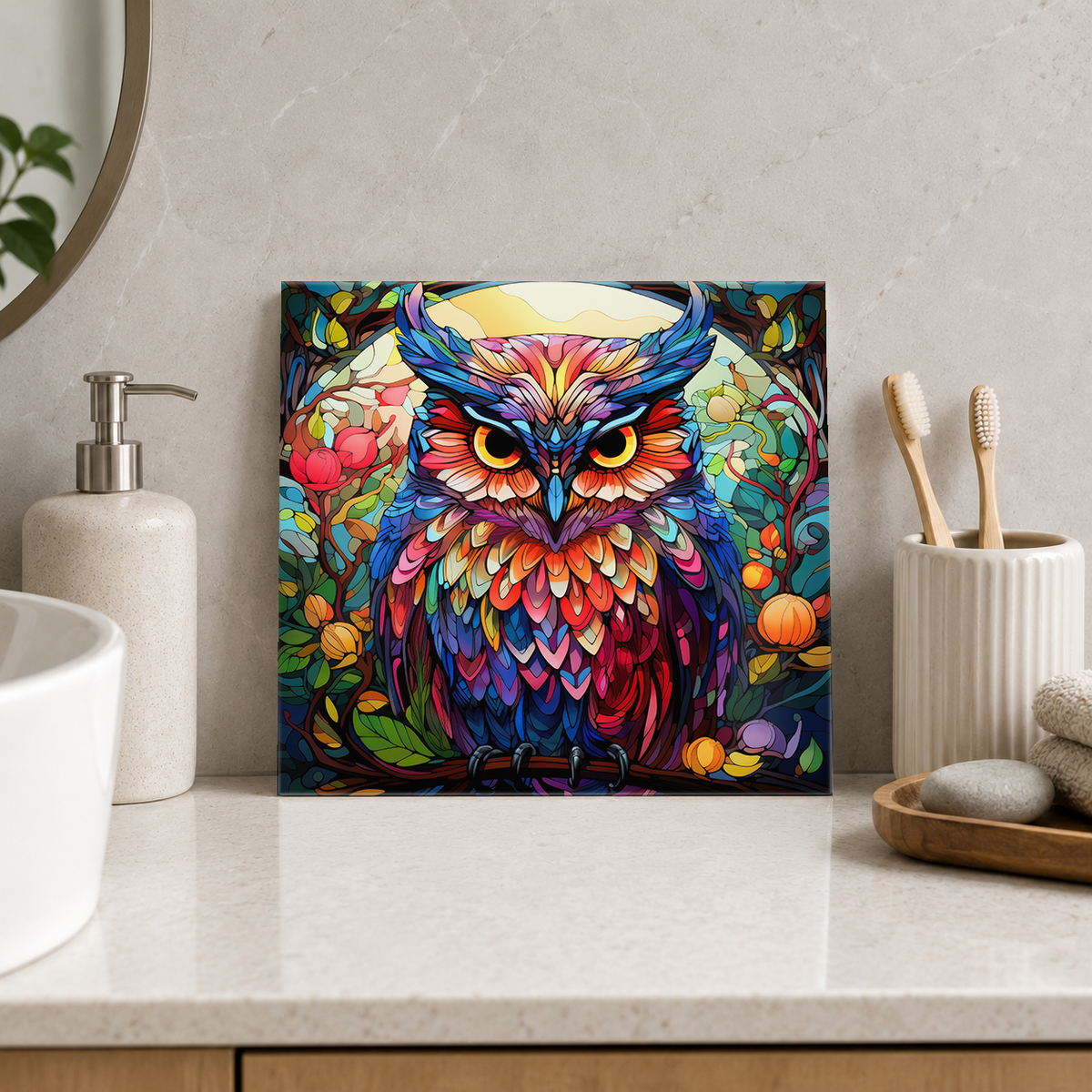 Rainbow Owl in Garden Arch Tile displayed in the bathroom tile mock-up