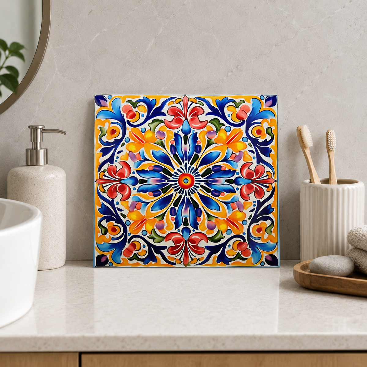Rainbow Petal Sunburst Tile displayed in the bathroom tile mock-up