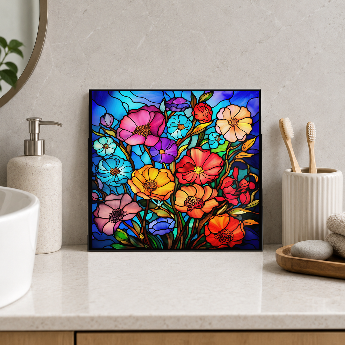 Rainbow Poppy Garden Tile displayed in the bathroom tile mock-up