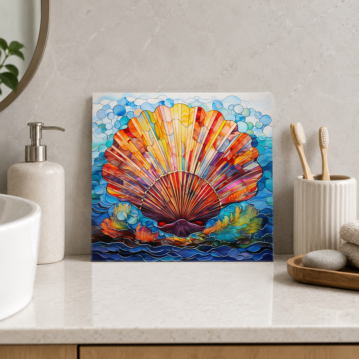 Rainbow Scallop beneath Bubbles Tile displayed in the bathroom tile mock-up