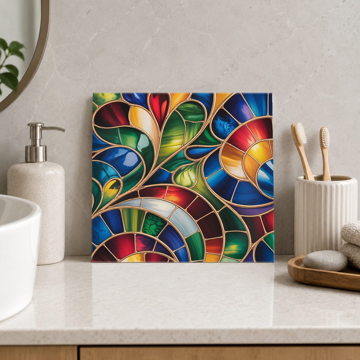 Rainbow Spiral Ribbons Tile displayed in the bathroom tile mock-up