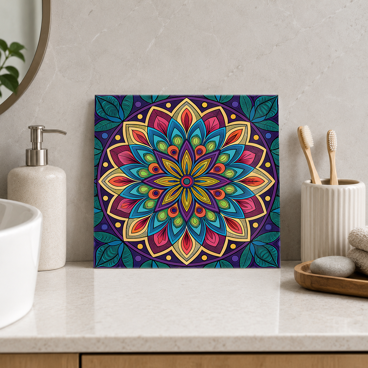 Rainbow Teardrop Petal Mandala Tile displayed in the bathroom tile mock-up