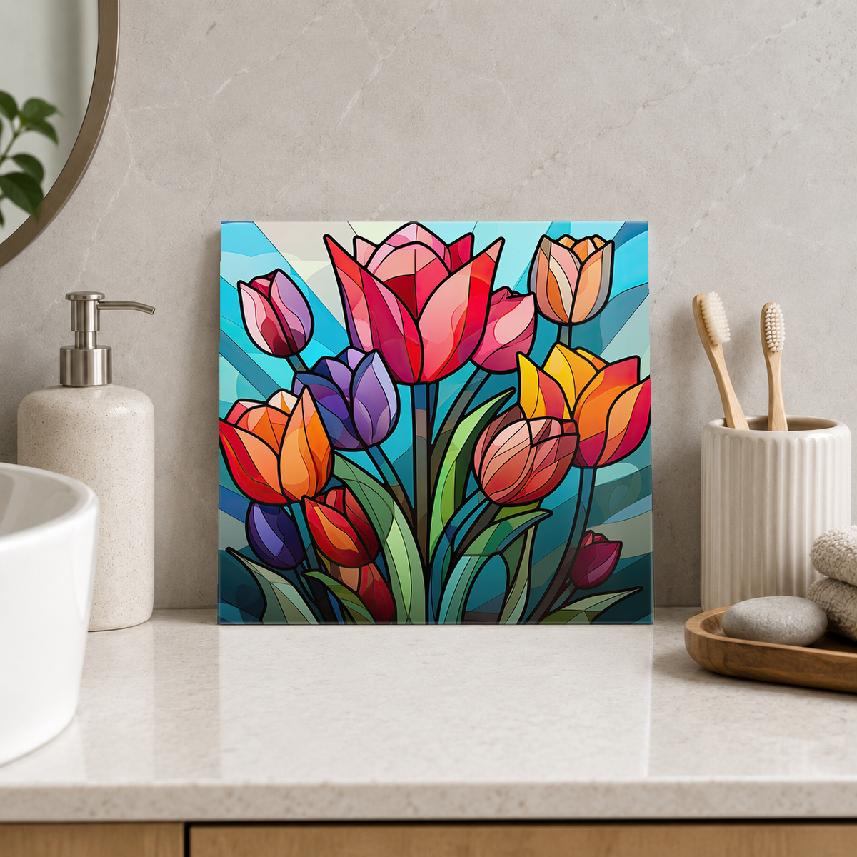 Rainbow Tulip Bouquet Tile displayed in the bathroom tile mock-up