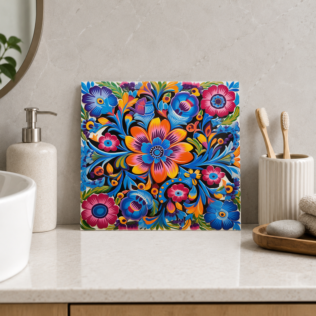 Rainbow Wildflower Garden Tile displayed in the bathroom tile mock-up