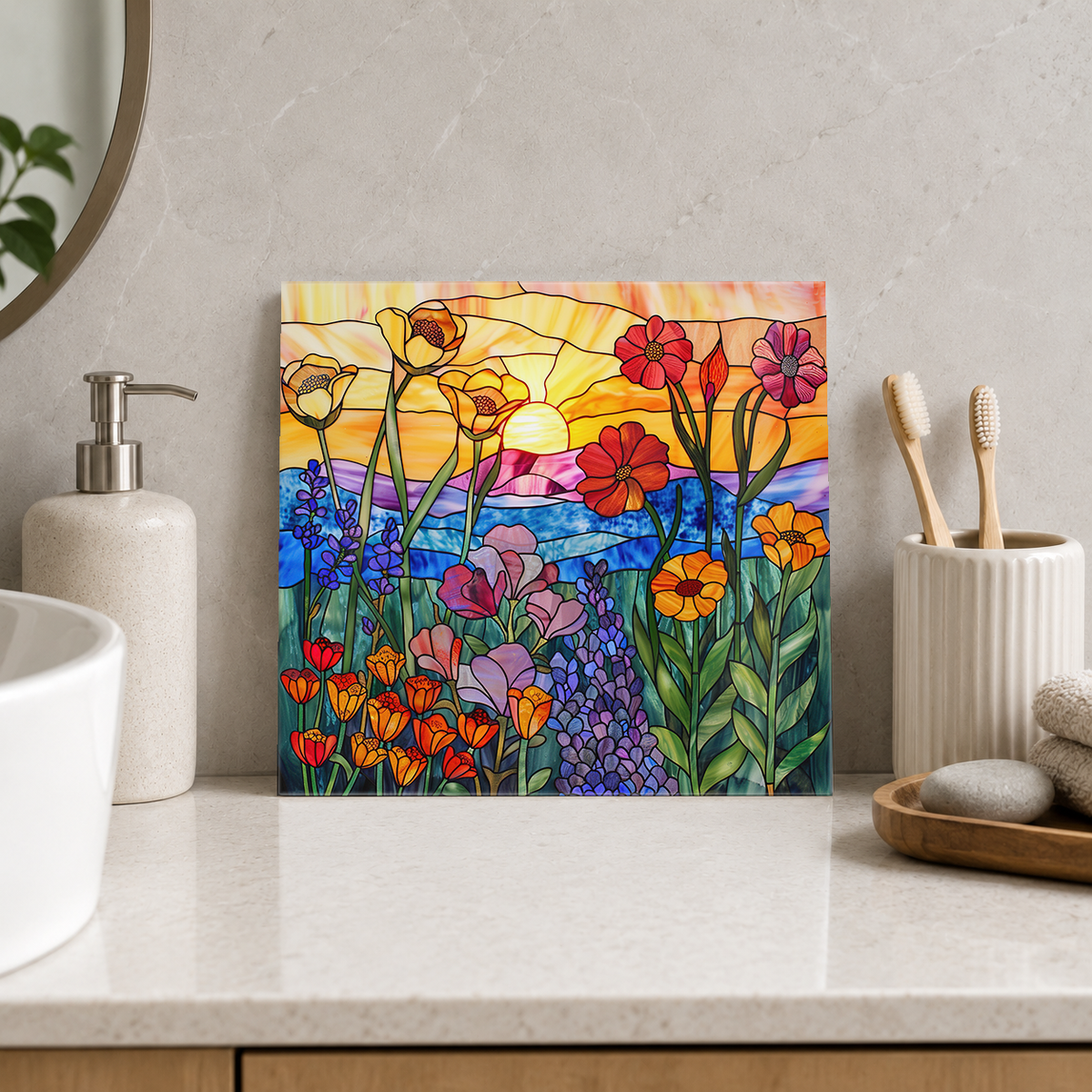 Rainbow Wildflowers at Waterside Sunset Tile displayed in the bathroom tile mock-up
