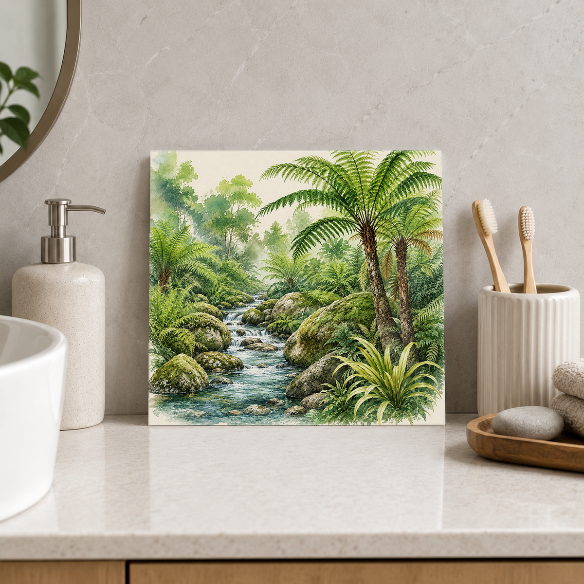 Rainforest Creek ceramic decorative tile in Pop Color, shown in a room mockup