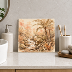 Rainforest Creek ceramic decorative tile in Warm Country, shown in a room mockup