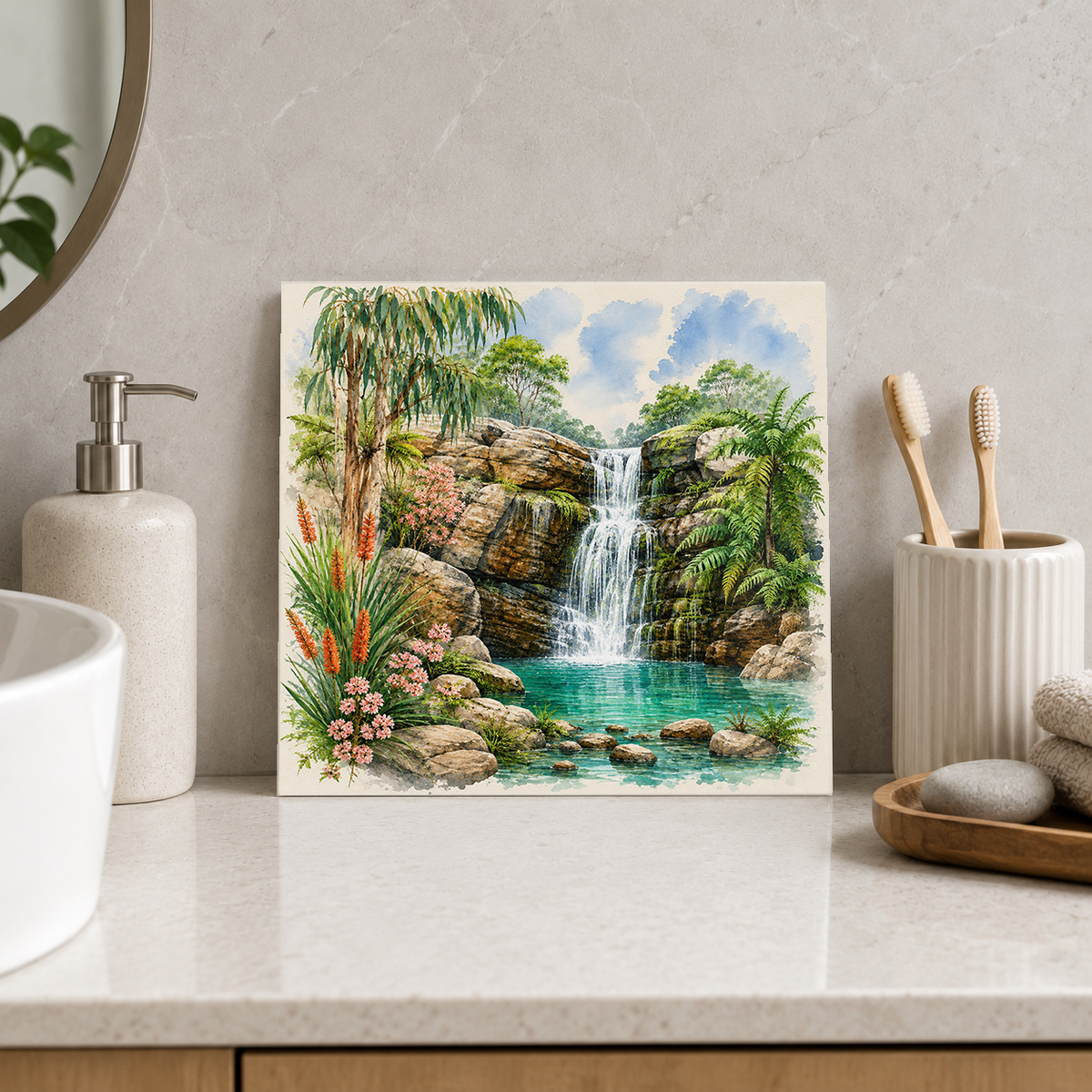 Rainforest Waterfall ceramic decorative tile in Pop Color, shown in a room mockup