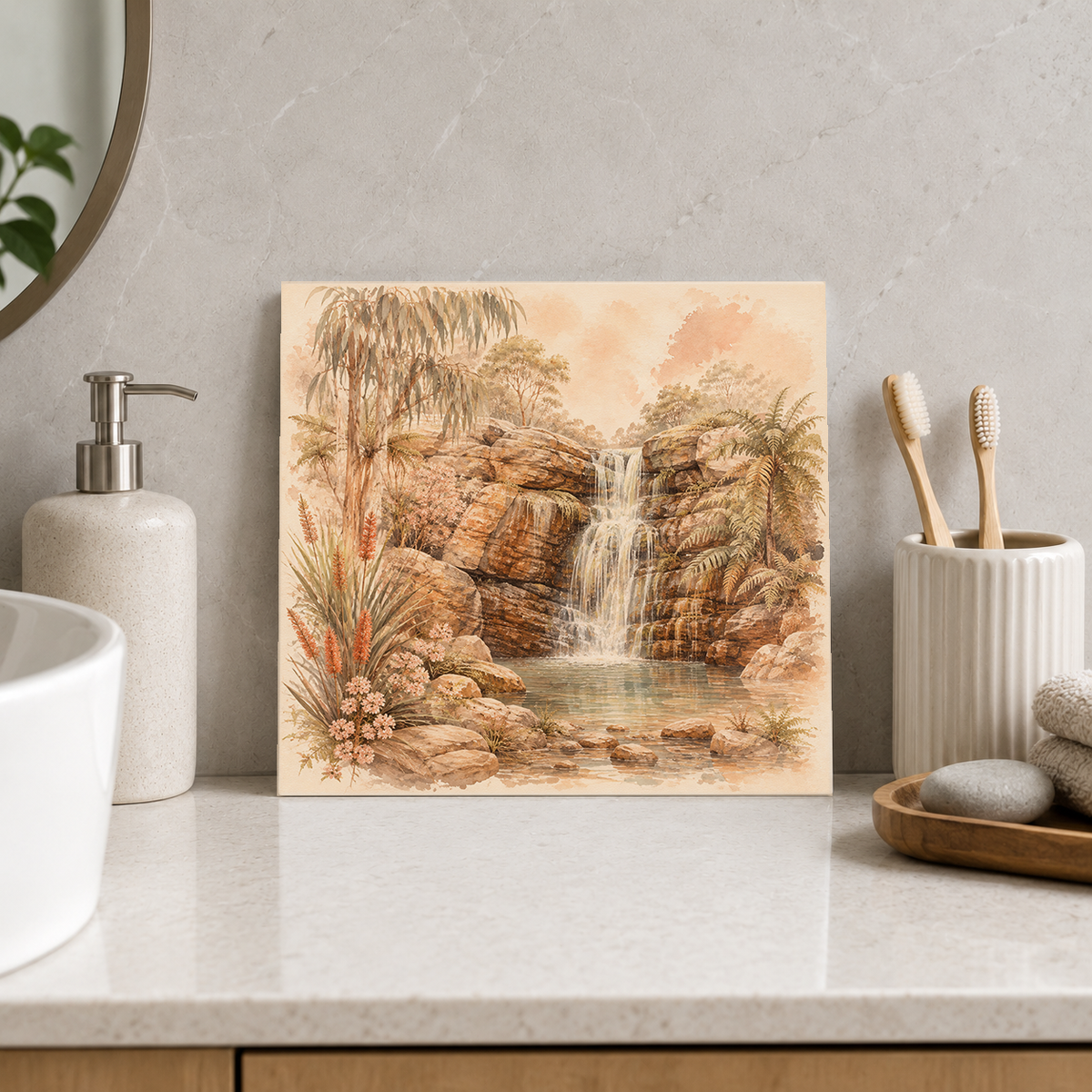 Rainforest Waterfall ceramic decorative tile in Warm Country, shown in a room mockup