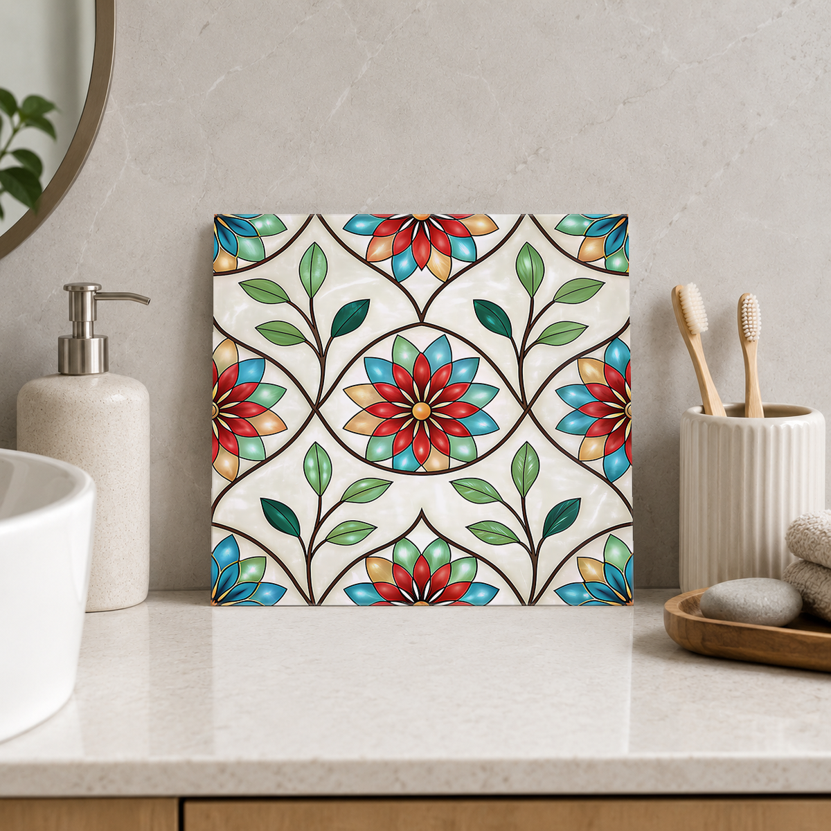 Red and Blue Daisies on Cream Tile displayed in the bathroom tile mock-up