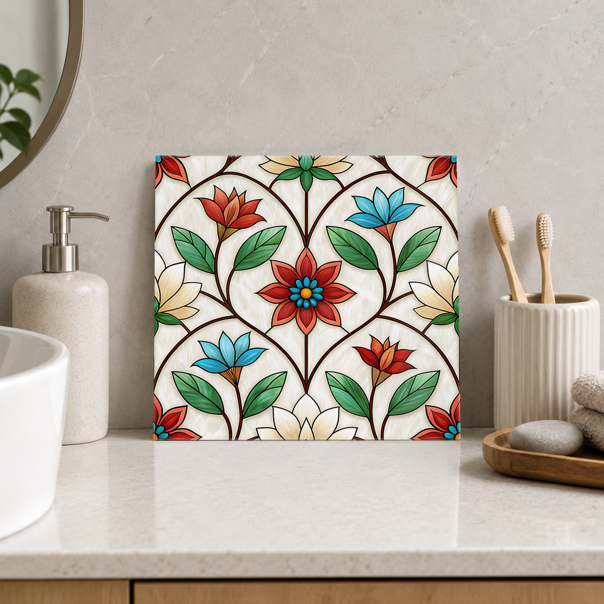Red and Blue Tulip Vines Tile displayed in the bathroom tile mock-up