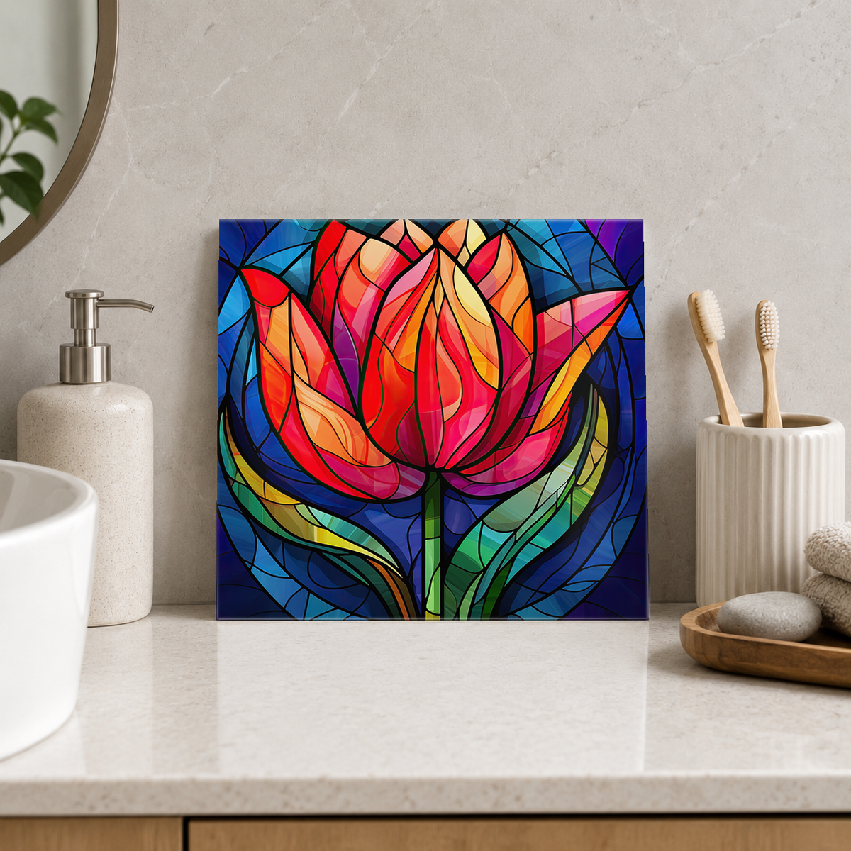 Red and Gold Tulip Tile displayed in the bathroom tile mock-up