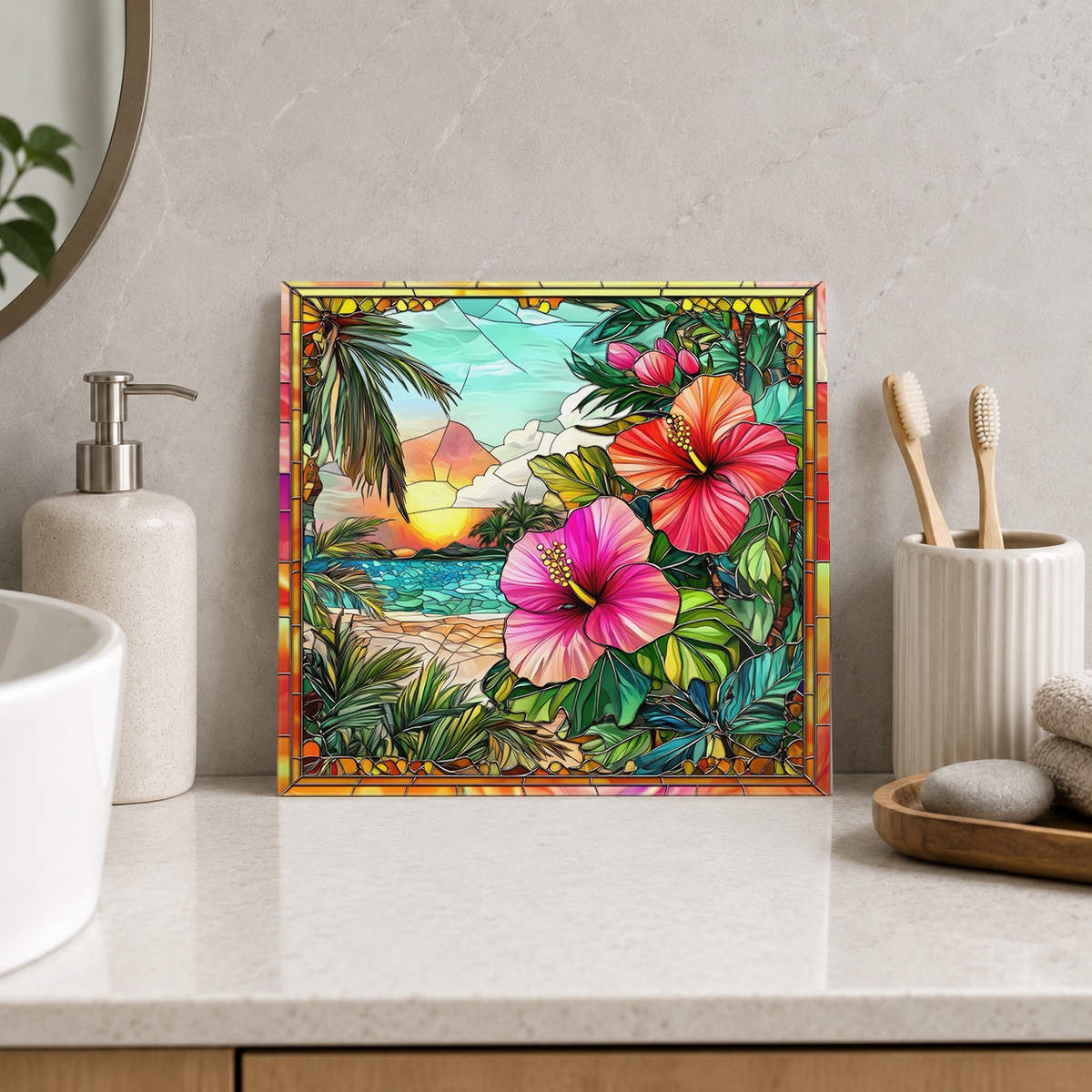 Red and Pink Hibiscus at Sunset Cove Tile displayed in the bathroom tile mock-up