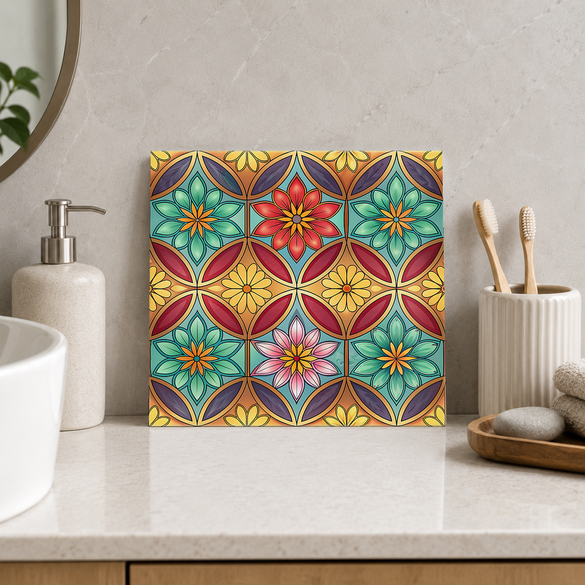 Red and Teal Floral Ogee Tile displayed in the bathroom tile mock-up