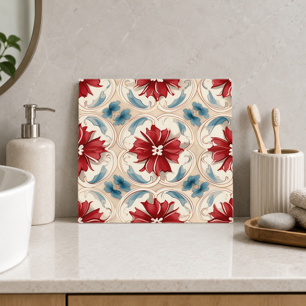 Red Blossoms in Cream Scrollwork Tile displayed in the bathroom tile mock-up