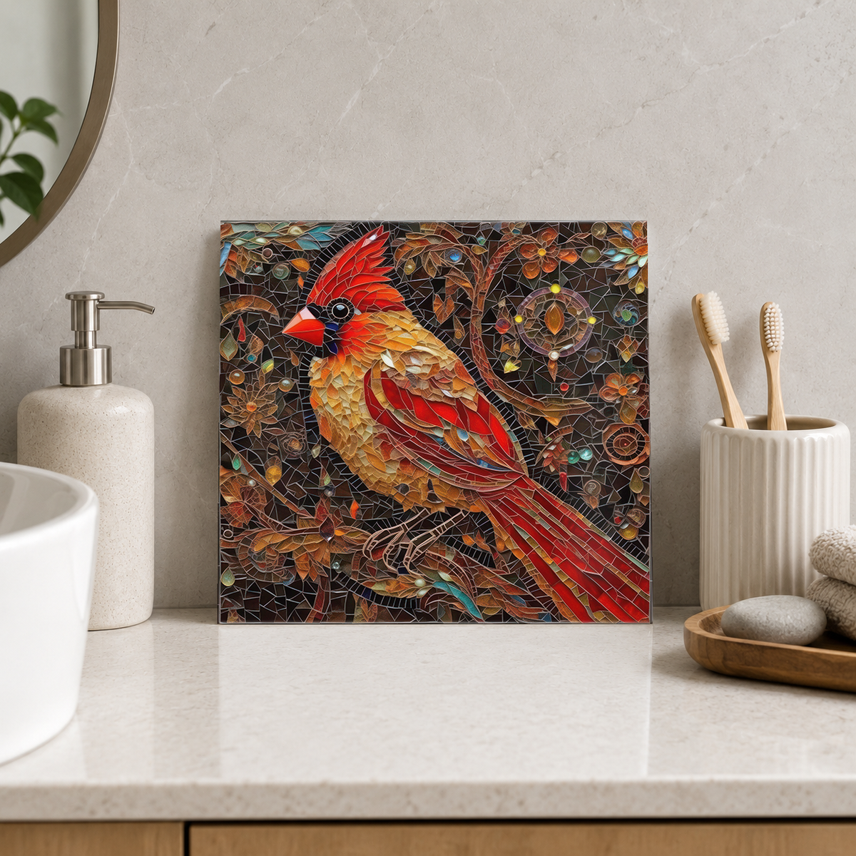 Red Cardinal in Woodland Tile displayed in the bathroom tile mock-up