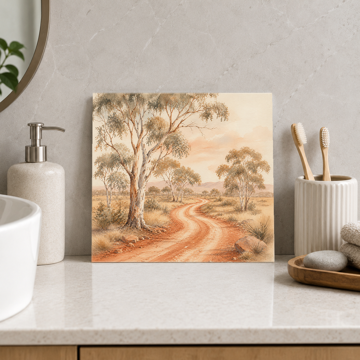 Red Dirt Road ceramic decorative tile in Warm Country, shown in a room mockup
